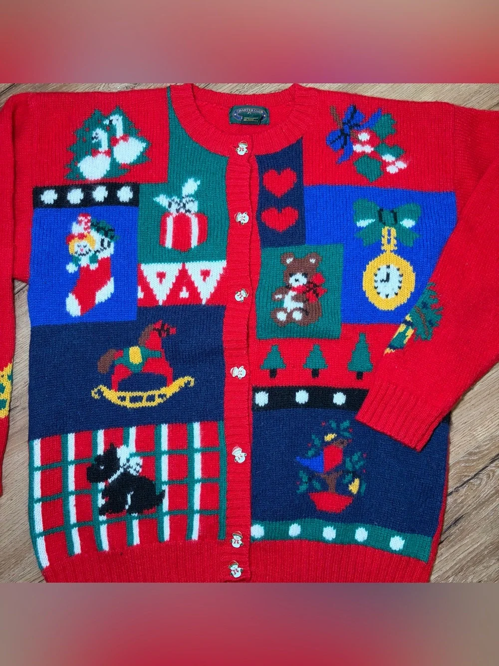 Vintage Charter Club 97% Wool Cardigan Christmas Sweater Women SMALL Red
